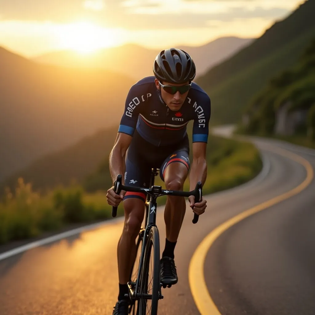 Road cyclist climbing a mountain pass at sunrise