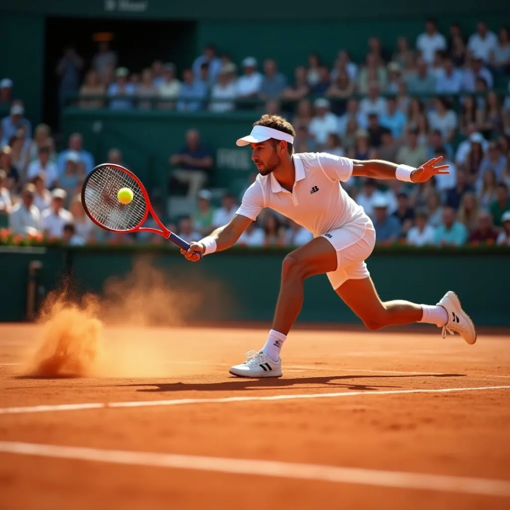Tennis player sliding into a forehand on a European clay court