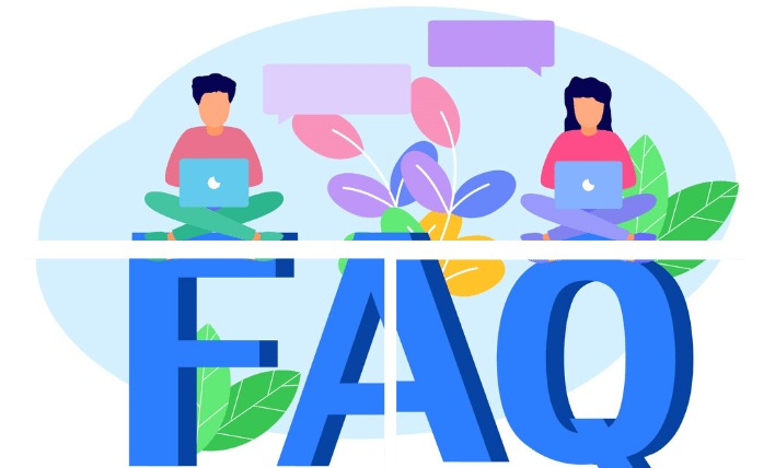 Flat illustration of two people at laptops beneath large FAQ lettering