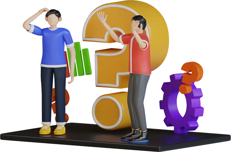 Three-dimensional illustration of two people beside a large question mark