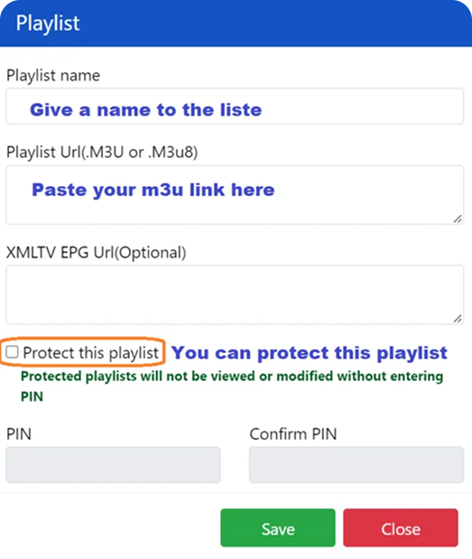 IBO Player add playlist dialog with fields for playlist name, M3U URL and optional EPG URL