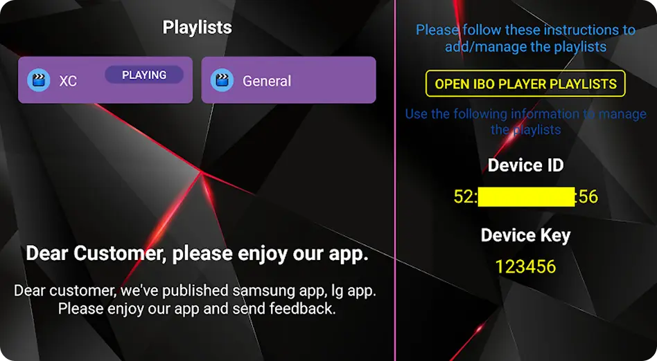 IBO Player playlists screen showing the Device ID and Device Key panel