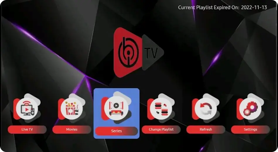 IBO Player dashboard showing Live TV, Movies, Series, Change Playlist, Refresh and Settings tiles
