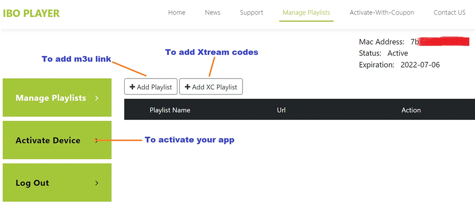 IBO Player web portal showing the device login form and playlist management menu