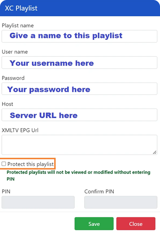 IBO Player XC playlist dialog with playlist name, username, password and host fields