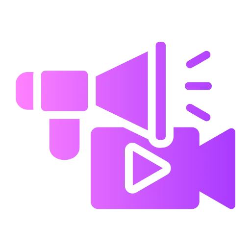 Broadcast camera and megaphone icon representing live streaming